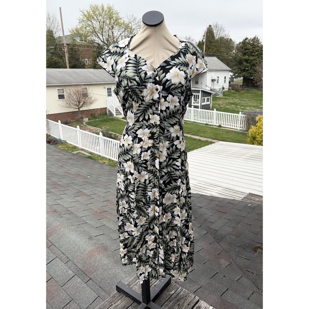Vintage 90s Chiasso Black Floral Hawaiian Button Up Party Dress Sz 16 (Vintage)